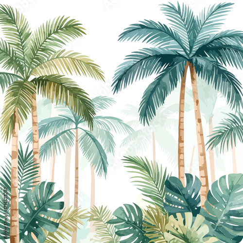 Beautiful hand painted watercolor tropical jungle with palm trees and monstera leaves.
