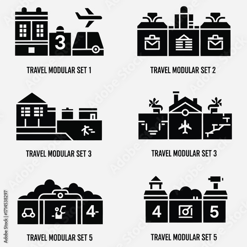Vector Collection of Modular Travel Icons Representing Destinations and Luggage