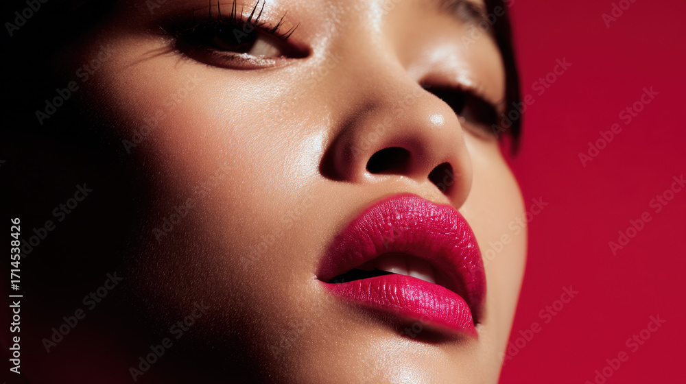 Fototapeta premium Close up portrait of woman showcasing vibrant red lipstick against bold red background, highlighting her smooth skin and expressive features. image conveys confidence and beauty