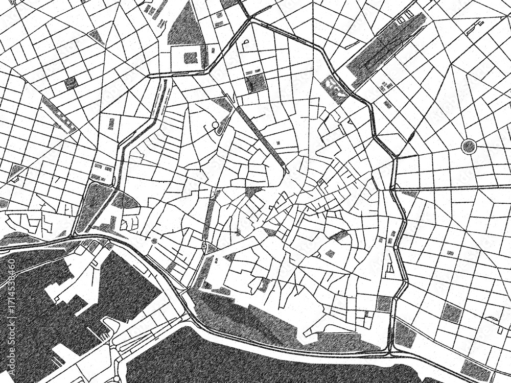 Naklejka premium Detailed black and white map of Palma de Mallorca Centro, Spain, in artistic sketch style.