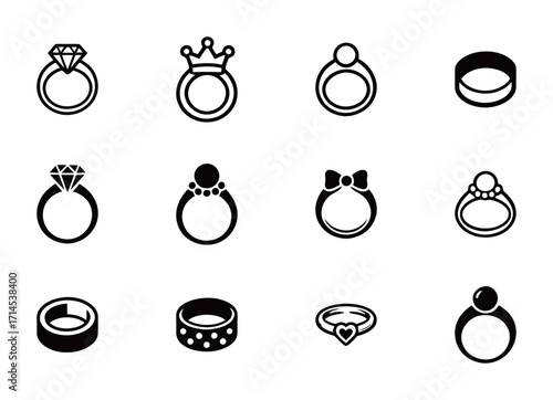 A set of twelve unique black and white ring icons with different gem and band designs.