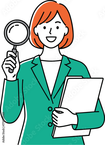 Cartoon illustration of person with red hair, green blazer, holding magnifying glass and folder, investigation concept, research, analysis, inspection, professional work, vector