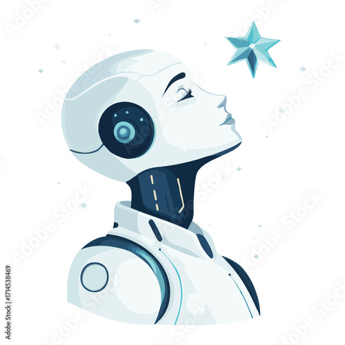 Futuristic robot gazing at a star.  A stylized illustration of a serene, white robot head and torso, its head tilted upwards, looking at a sparkling star against a backdrop of space