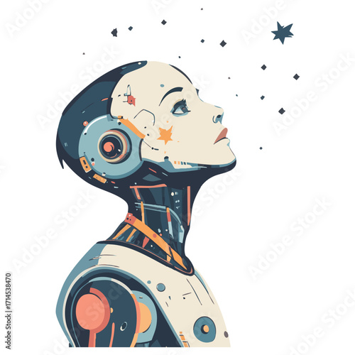 vector Futuristic robot, gazing upward