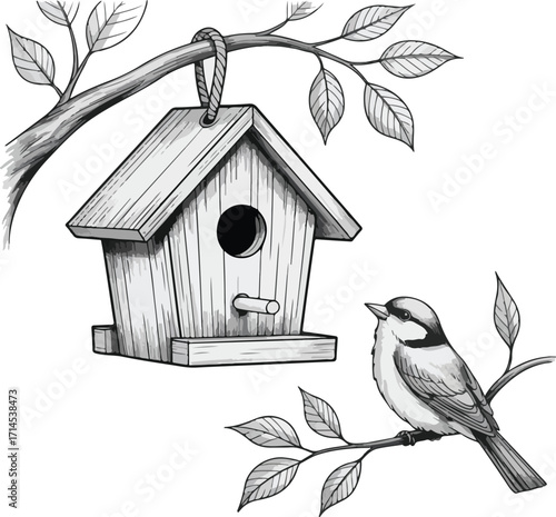A wooden birdhouse hangs from a tree branch with a circular hole, providing a tiny home for a bird