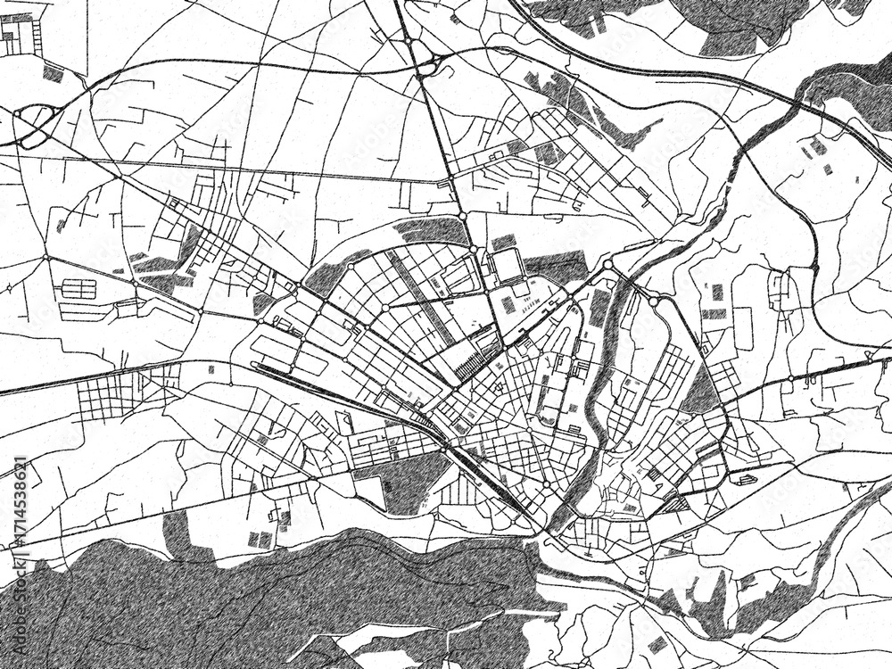 Naklejka premium City map illustration of Ponferrada, Spain, rendered in black and white sketch style.