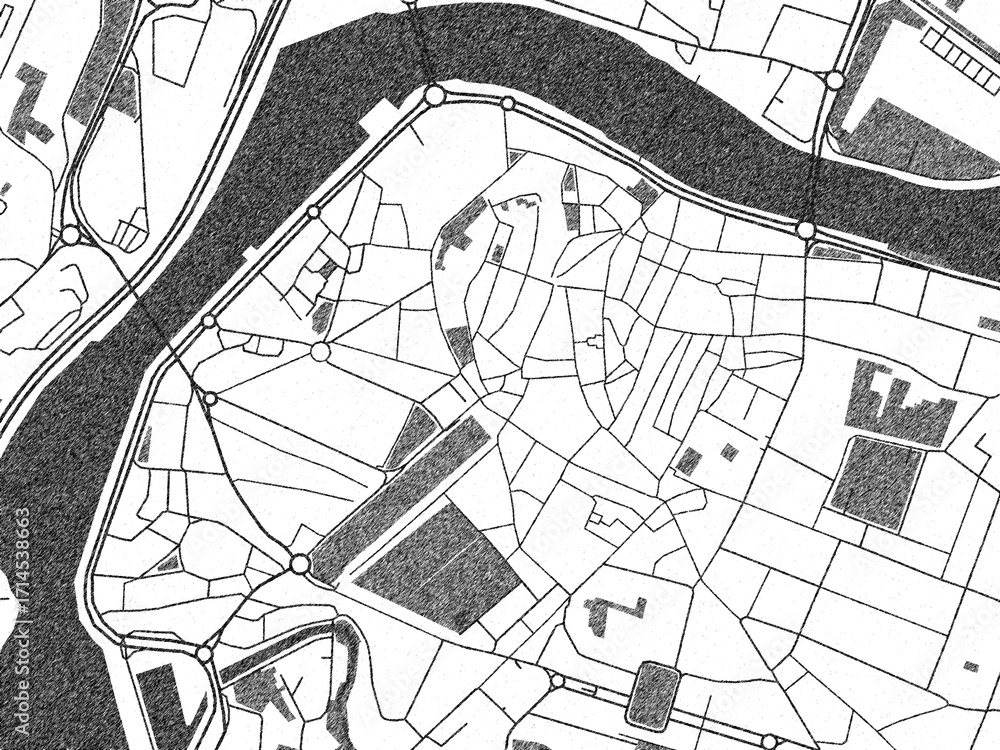 Obraz premium Decorative black and white map of Pontevedra, Spain, rendered in sketch-like style.