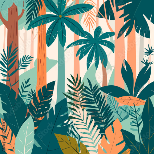 vibrant tropical jungle scene with lush foliage and trees.