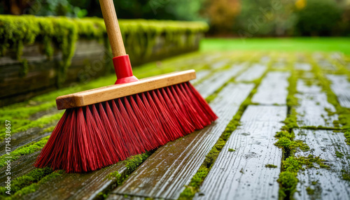 Wallpaper Mural A red broom with bristles lies on a damp wooden deck or patio covered with green moss, suggesting outdoor cleaning or autumn gardening. Torontodigital.ca