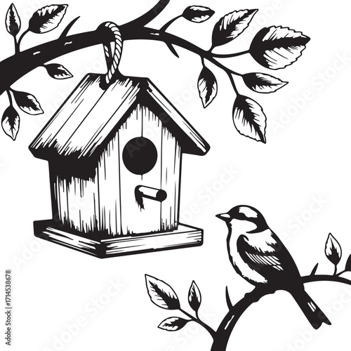 Wooden bird house on tree branch in garden