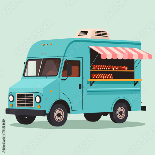 Classic light blue food truck serving hot dogs illustration.