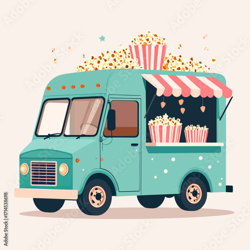 Vibrant teal popcorn food truck with striped awning and overflowing popcorn.