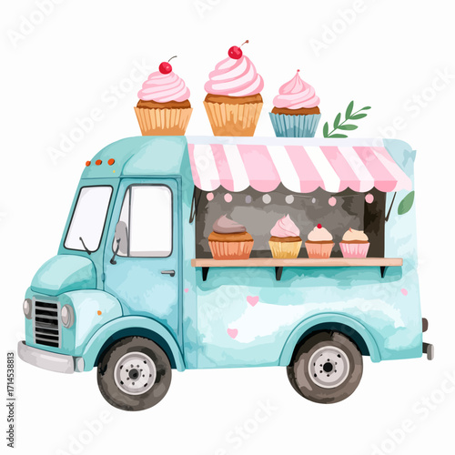 cute pastel blue food truck with cupcakes.