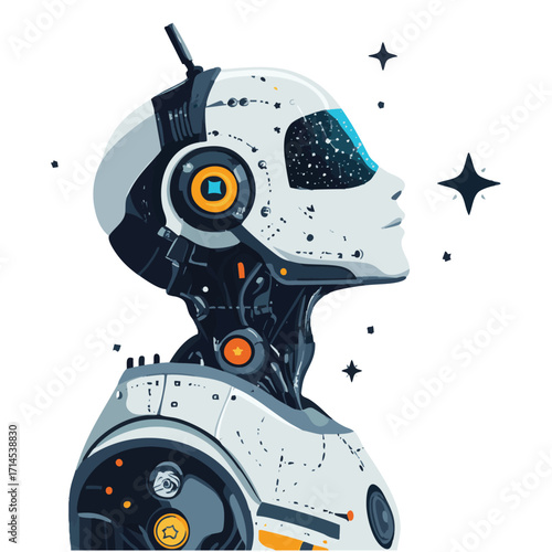 Futuristic robot, profile view, contemplative.  Detailed mechanical design,  with visible circuitry,  headphones, and visor.  Stars and space elements suggest cosmic awareness