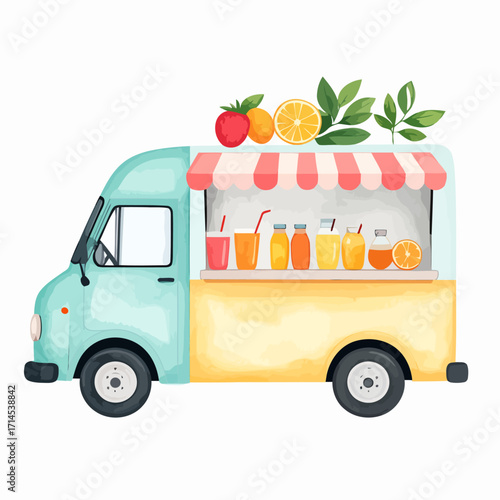 Watercolor illustration of a cute food truck selling fresh juice.