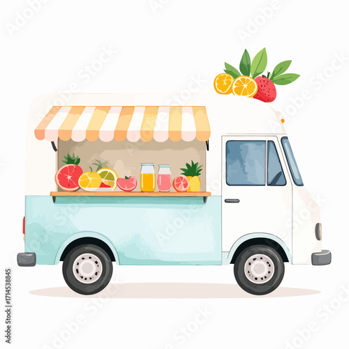Watercolor Fruit Juice Food Truck Illustration Mobile Stand.