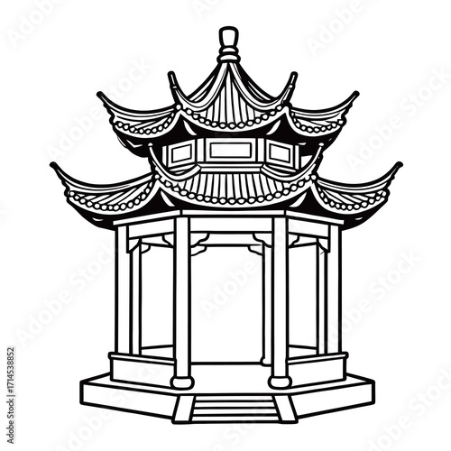 Minimalist line art illustration of a traditional Chinese pagoda and pavilion, perfect for cultural and travel themes.