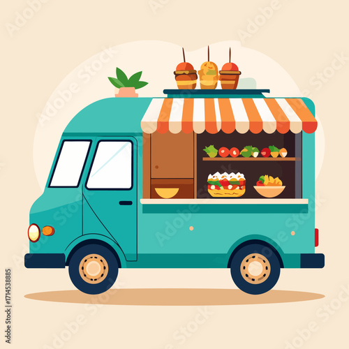 Colorful food truck with awning and various food items ready to serve customers.
