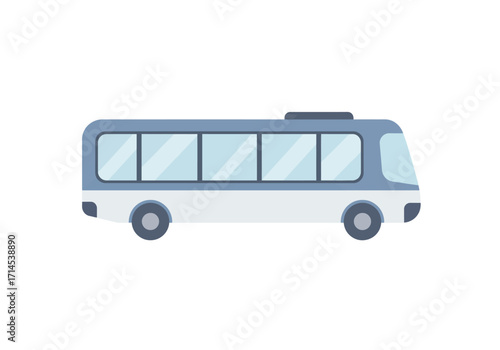 A blue and white cartoon bus with tinted windows and dark gray tires sits on a white background