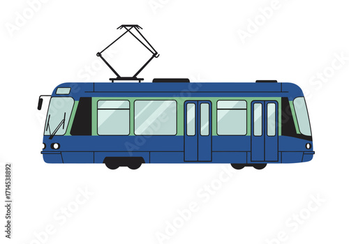 A blue and green streetcar with a pantograph on a white background