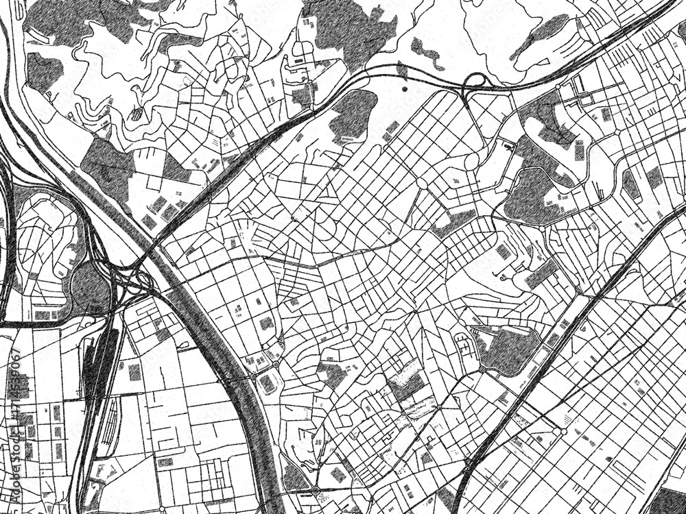 Fototapeta premium Stylized black and white urban map of Santa Coloma de Gramenet, Spain, hand-drawn for decor and creative use.