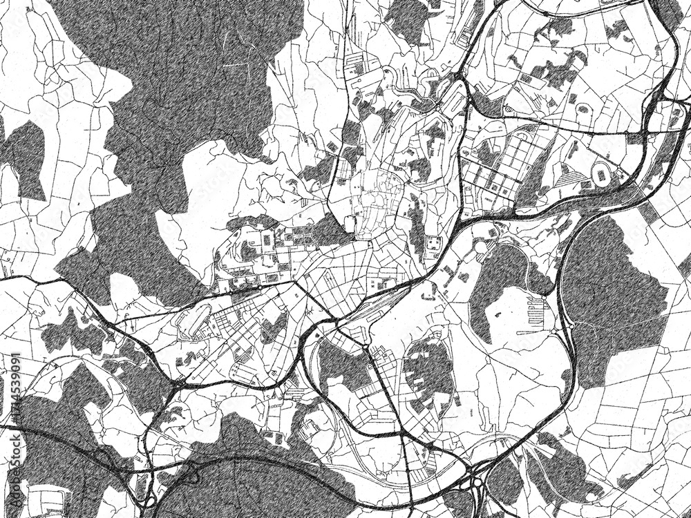 Obraz premium Black and white illustrated map of Santiago de Compostella, Spain, with streets, rivers, and neighborhoods.