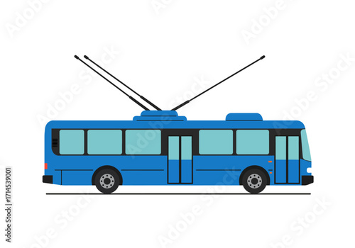 A blue trolleybus stands stationary equipped with two long angled black poles
