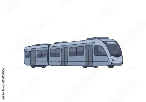 A bluegrey train illustration with carriages and a streamlined front on a horizontal line