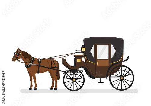 A brown horsedrawn carriage with a covered cabin stands on a white background