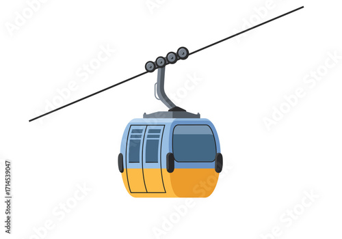 A cable car hangs from a wire showing its blue upper half and yellow lower half