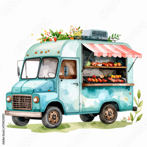 Watercolor illustration of a charming vintage food truck serving delicious grilled food.