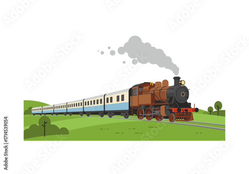 A brown steam train pulling blue passenger cars travels on tracks in a grassy treedotted landscape emitting smoke