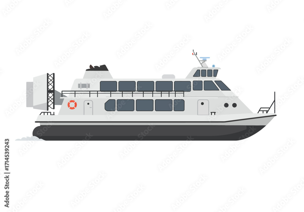 Obraz premium A grey and white ferry boat with black hull multiple windows and a life preserver visible on the side