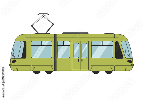 A green tram with a roof pantograph is depicted featuring multiple windows and doors