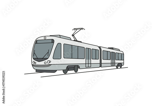 A grey train car with large windows travels on two black parallel tracks