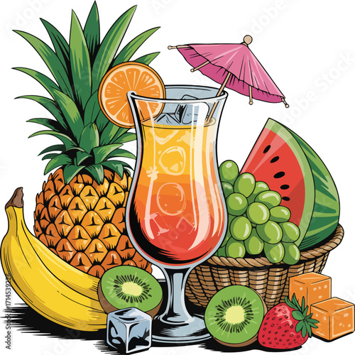 Tropical fruit juice cocktail with fresh fruits in glass