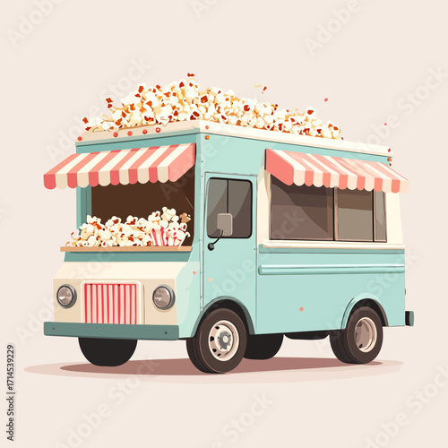 Retro Popcorn Food Truck with Striped Awning.