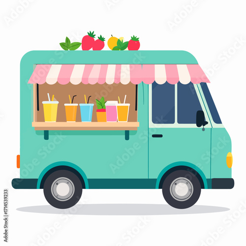 Colorful Smoothie Food Truck with Fresh Fruit Toppings and Pink Awning.