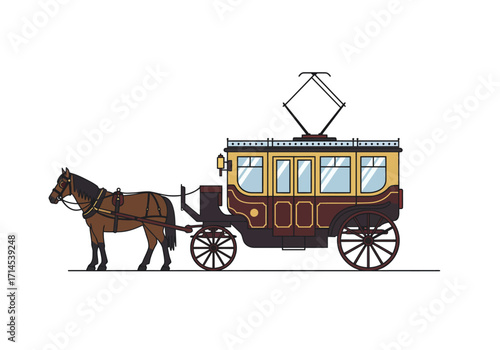 A horsedrawn carriage with a trolley on top