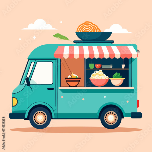 Illustration of a charming food truck serving delicious noodle dishes.