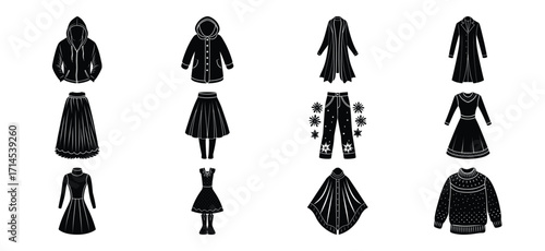 Set of Fashionable Clothing Silhouettes Coats Skirts Pants and Dresses in Black and White Style