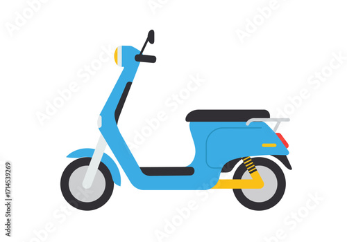A light blue scooter with black handlebars seat and gray wheels