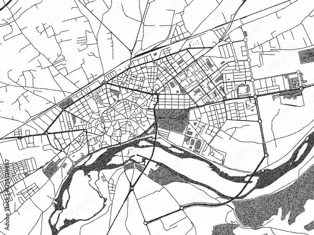 Naklejka premium Artistic urban sketch of Talavera de la Reina, Spain, detailed in black and white map form.