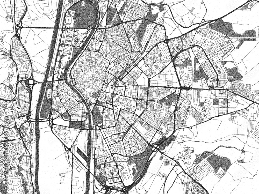 Naklejka premium Minimalist monochrome city map of Seville, Spain, illustrated with urban detail.