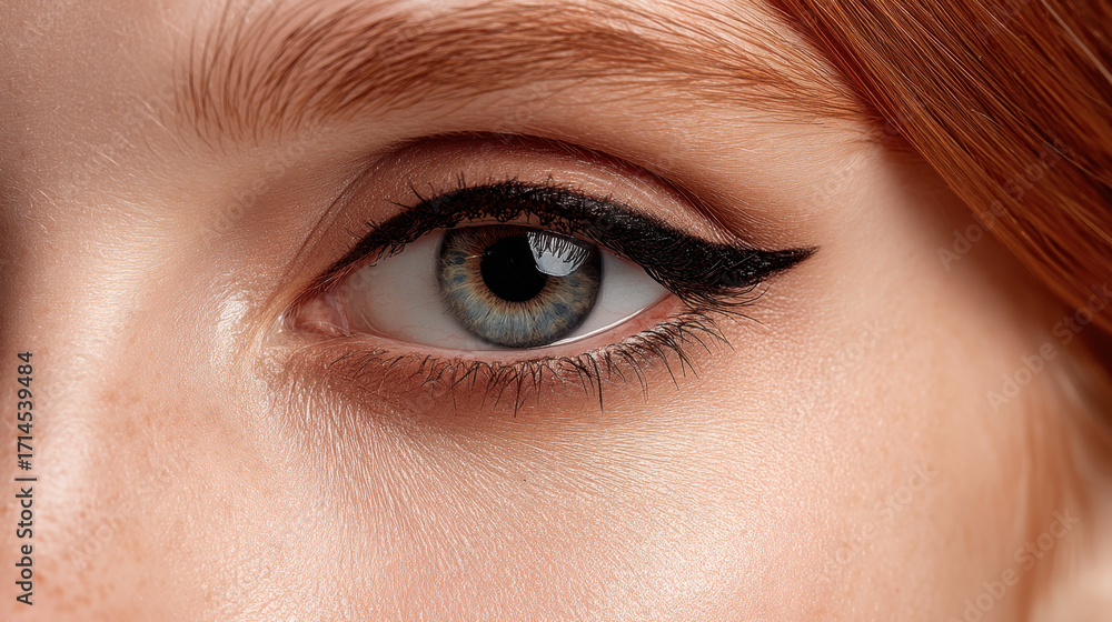 Fototapeta premium Close up of woman eye showcasing striking blue iris, defined eyeliner, and natural eyelashes. skin around eye is smooth, highlighting beauty and detail of makeup