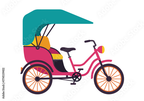 A pink auto rickshaw with a turquoise roof and orange details