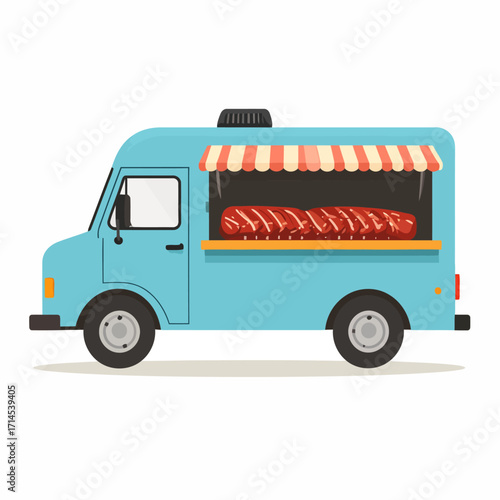 light blue food truck with ribs.