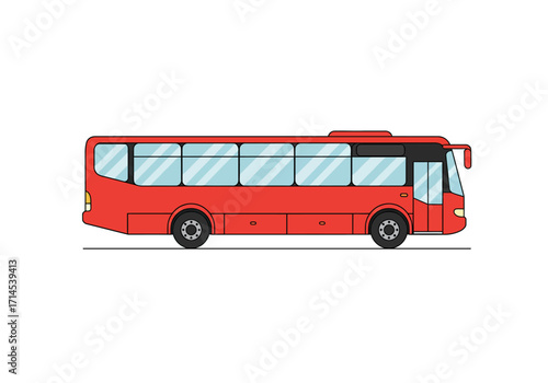 A red bus is displayed on a white backdrop