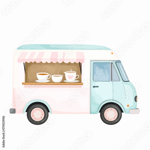 Cute watercolor illustration of a food truck selling coffee and tea.