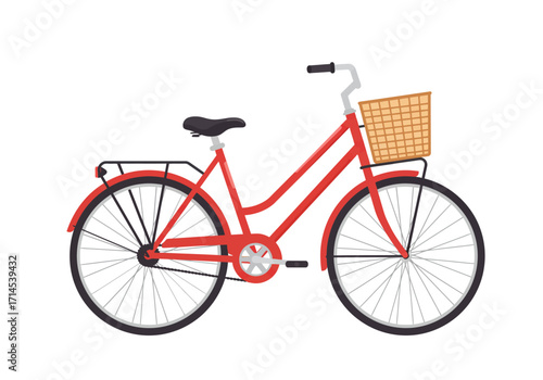 A red bicycle with a basket featuring a black seat and wheels is depicted against a white backdrop